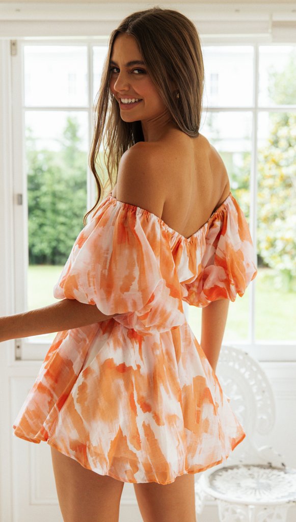 Orange Floral Off the Shoulder Pleated Dress