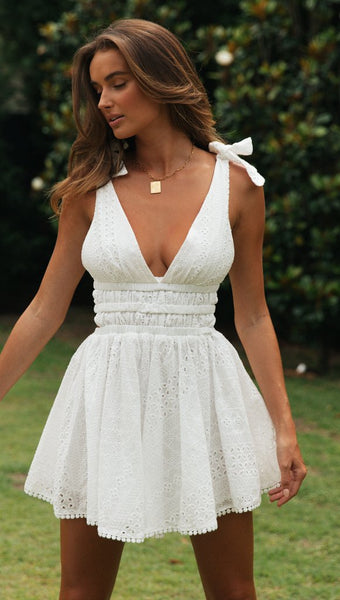 White Crochet Lace Plunging Dress