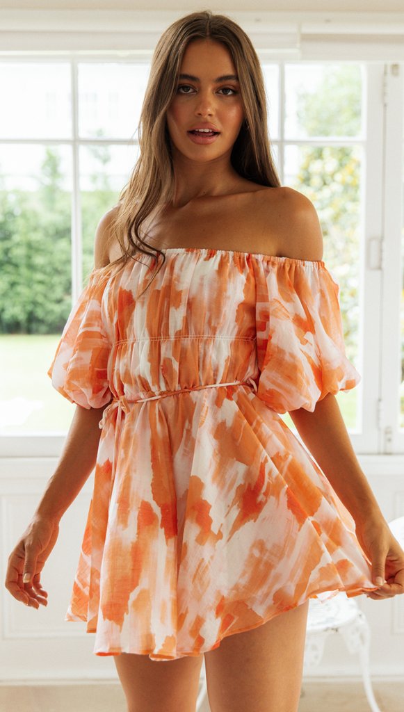 Orange Floral Off the Shoulder Pleated Dress