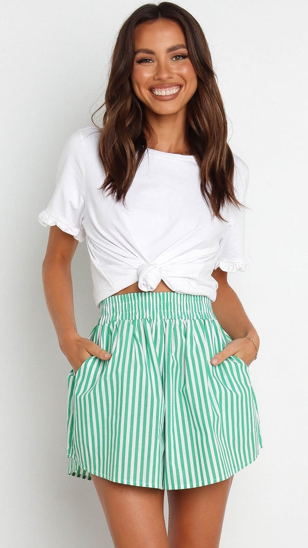 Green Striped Pockets Shorts