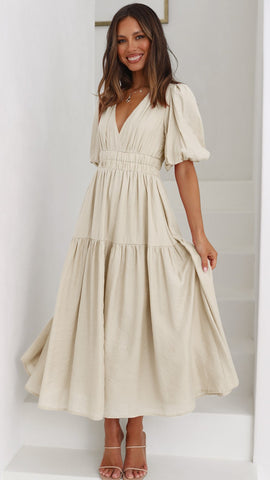 Beige Deep V Neckline Tiered Midi Dress