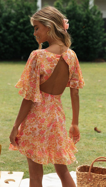 Orange Floral Backless Dress