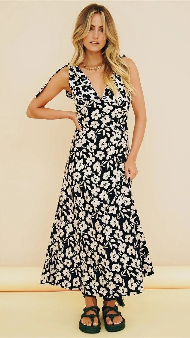Black White Silhouette Floral Maxi Dress