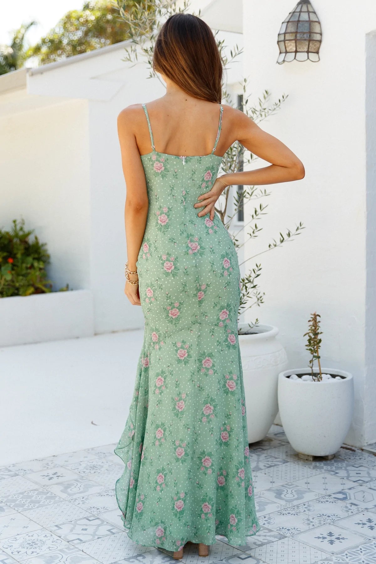 Green Floral High Slit Maxi Dress