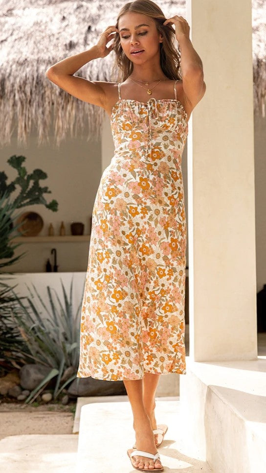 Orange Floral Slip Midi Dress