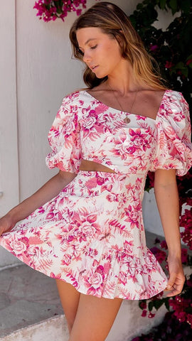 Pink Floral Asymetrical Mini Dress