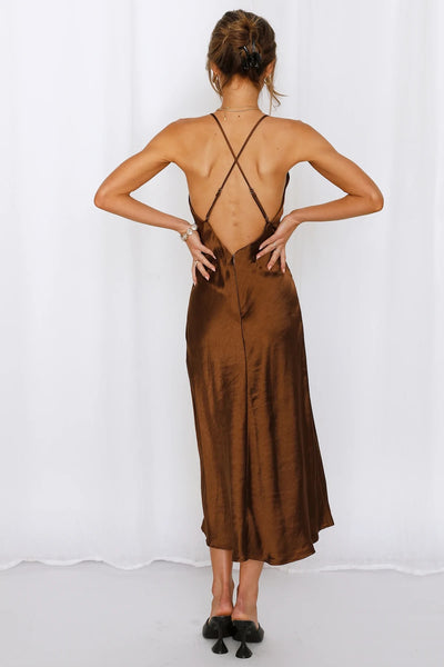 Brown Satin Midi Dress