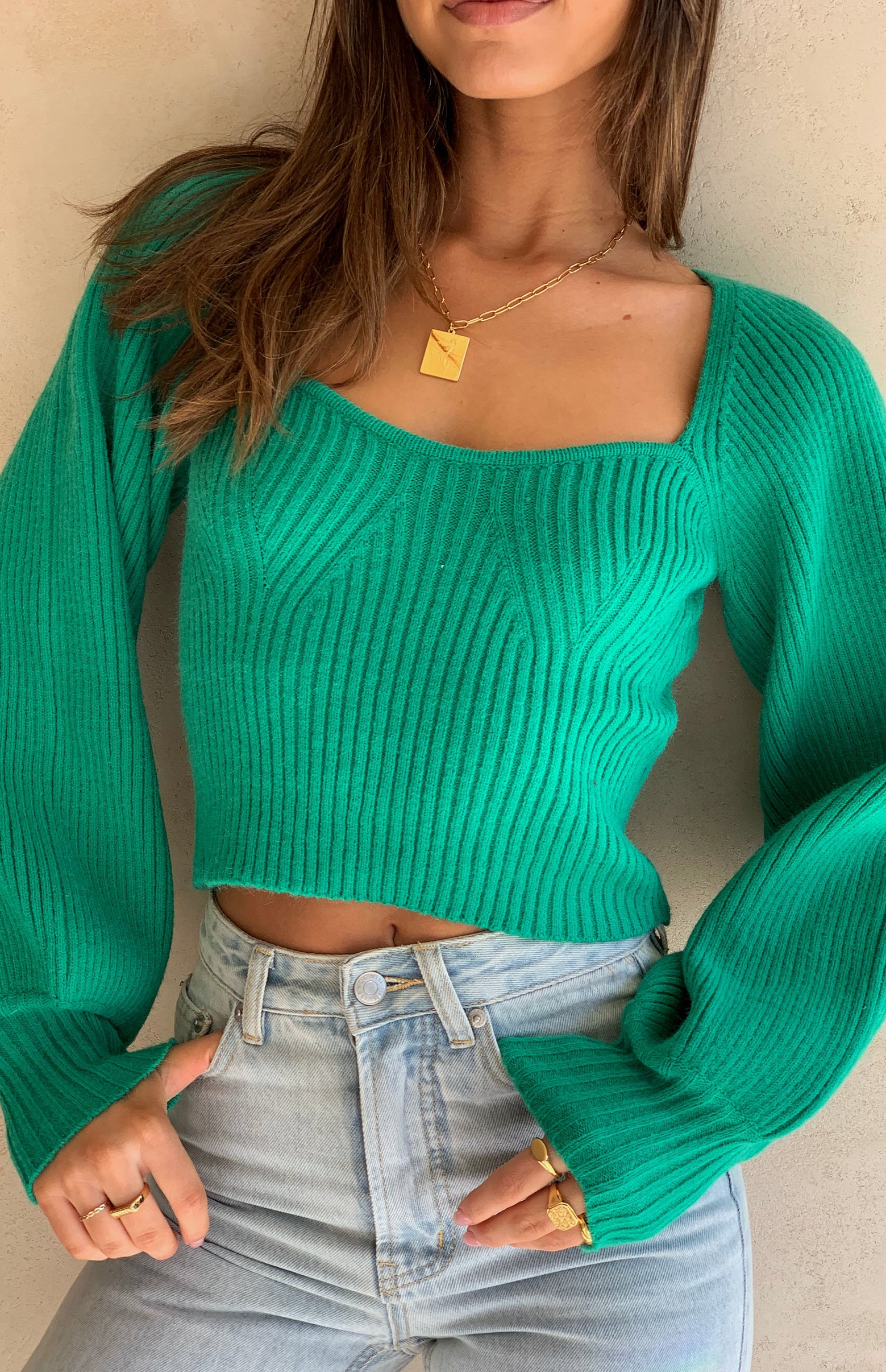 Green Long Sleeves Knit Crop Top