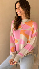 Pink Color Block Pullover Knit Sweater
