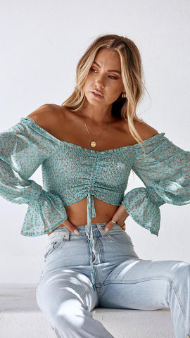 Green Floral Off the Shoulder Smocked Top