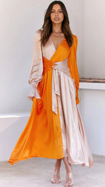 Orange Colorblocked Long Sleeves Midi Dress