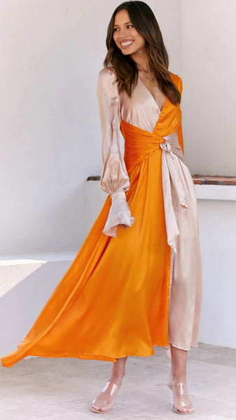 Orange Colorblocked Long Sleeves Midi Dress