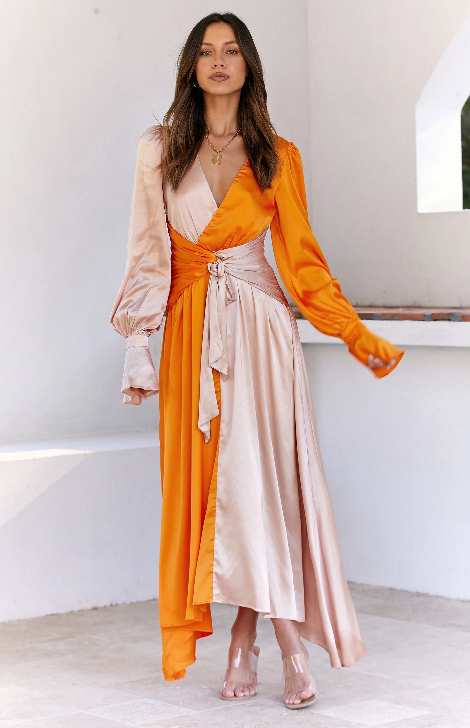 Orange Colorblocked Long Sleeves Midi Dress