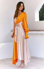 Orange Colorblocked Long Sleeves Midi Dress