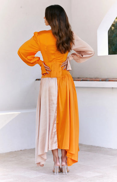 Orange Colorblocked Long Sleeves Midi Dress