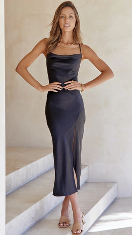 Black Satin Midi Dress