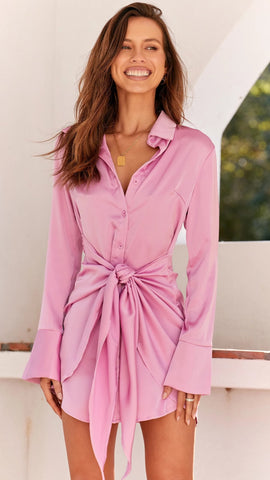 Pink Front Knot Long Sleeves Dress