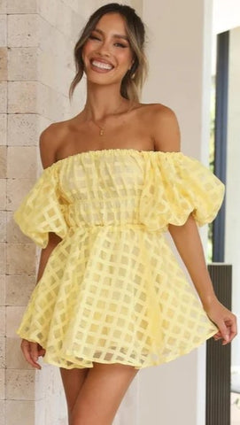 Yellow Textured Off Shoulder Dress