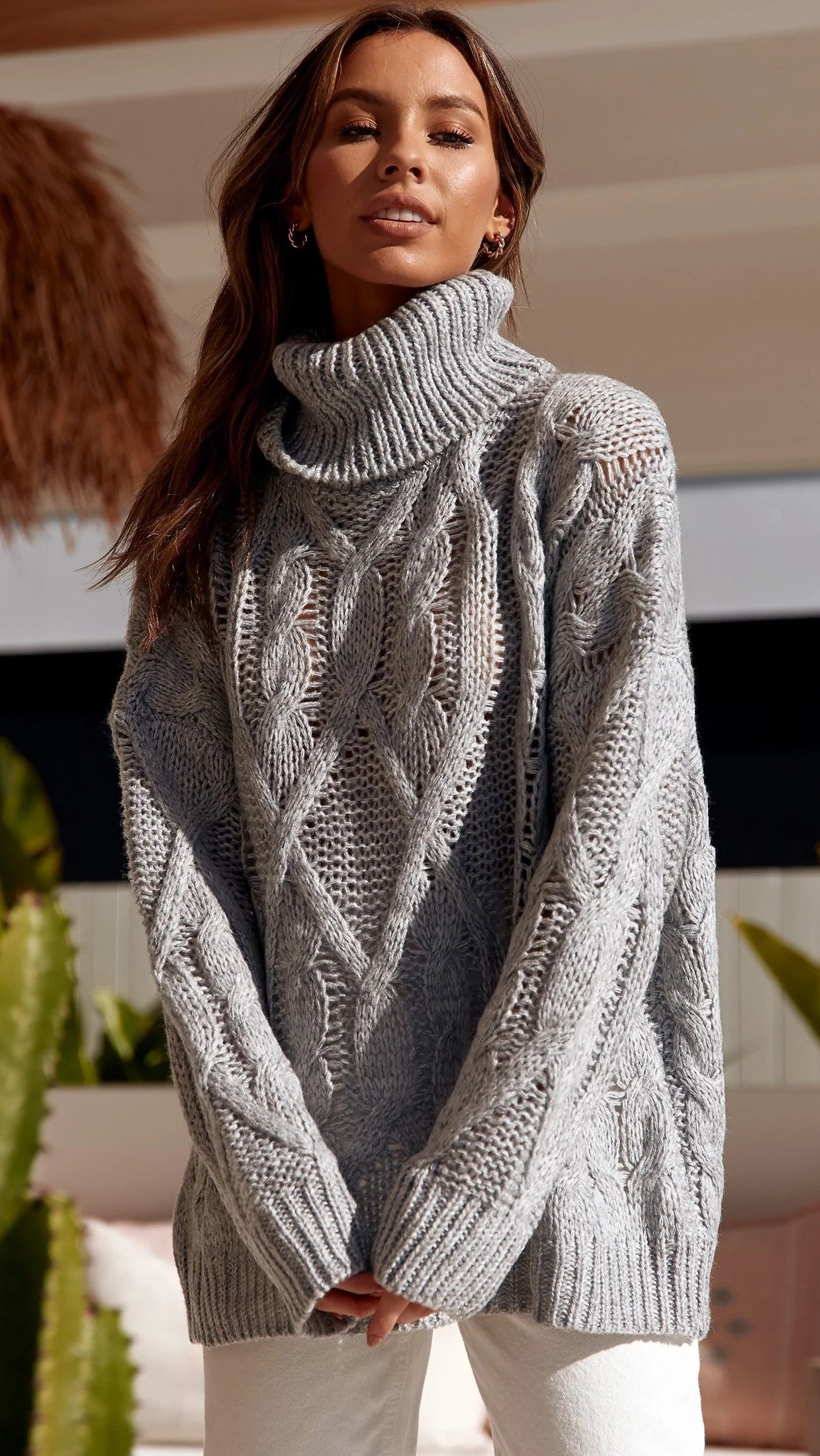 Grey Cable Knit Turtleneck Sweater