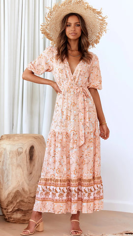 Coral Floral Wrap Midi Dress