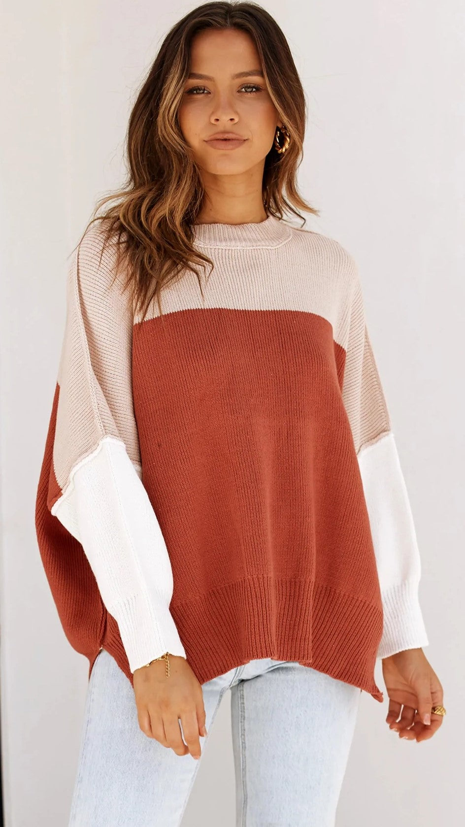 Brown Colorblocked Knit Sweater
