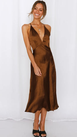 Brown Satin Midi Dress