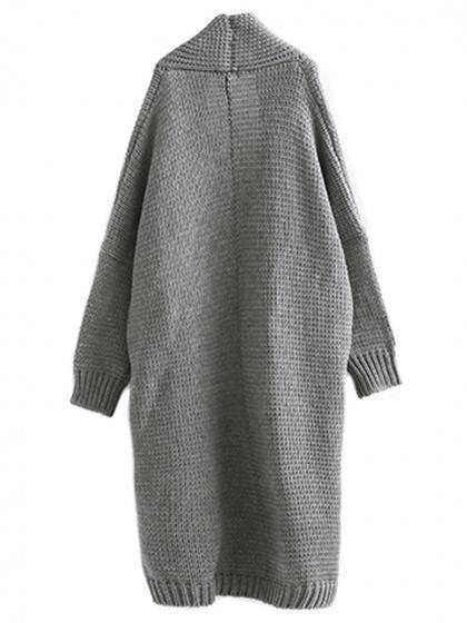Gray Open Front Batwing Sleeve Chunky Longline Cardigan