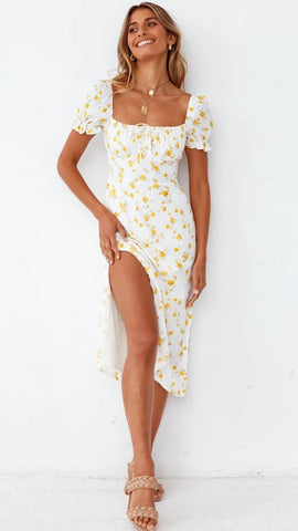 Dainty Yellow Floral Midi Dress