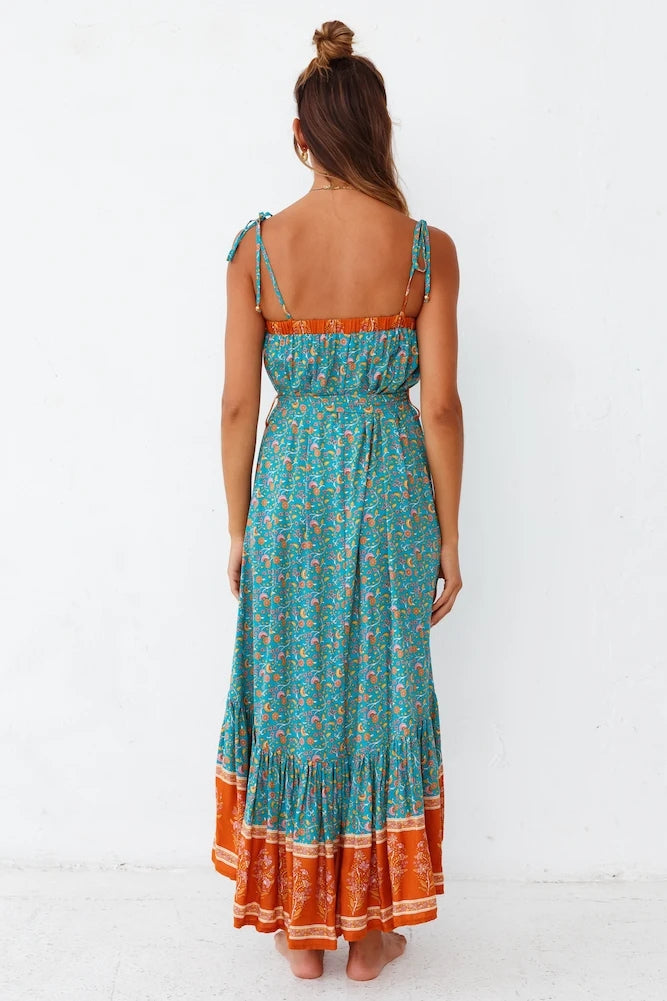 turquoise boho maxi dress Turquoise Boho Floral Midi Dress – Gabi Swimwear
