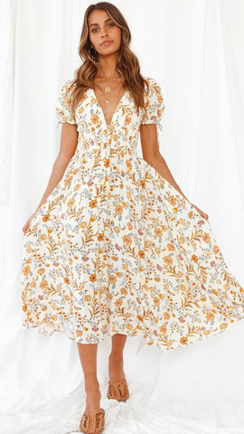 Yellow Floral Withdraw Waist Midi Dress
