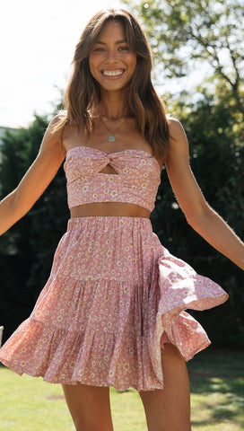 Pink Floral Crop Top and Skirt Sets