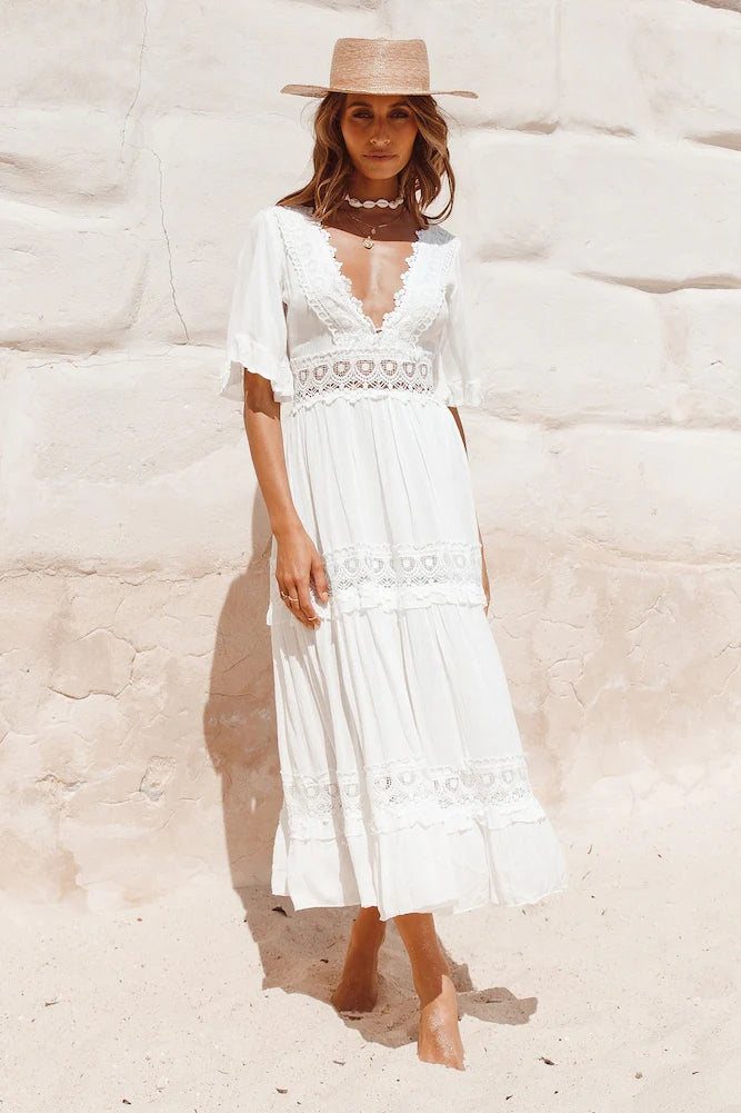 White Solid Lace Paneled Midi Dress