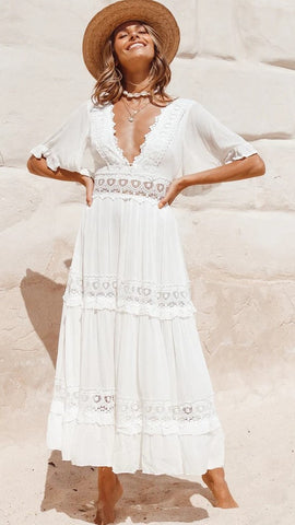 White Solid Lace Paneled Midi Dress