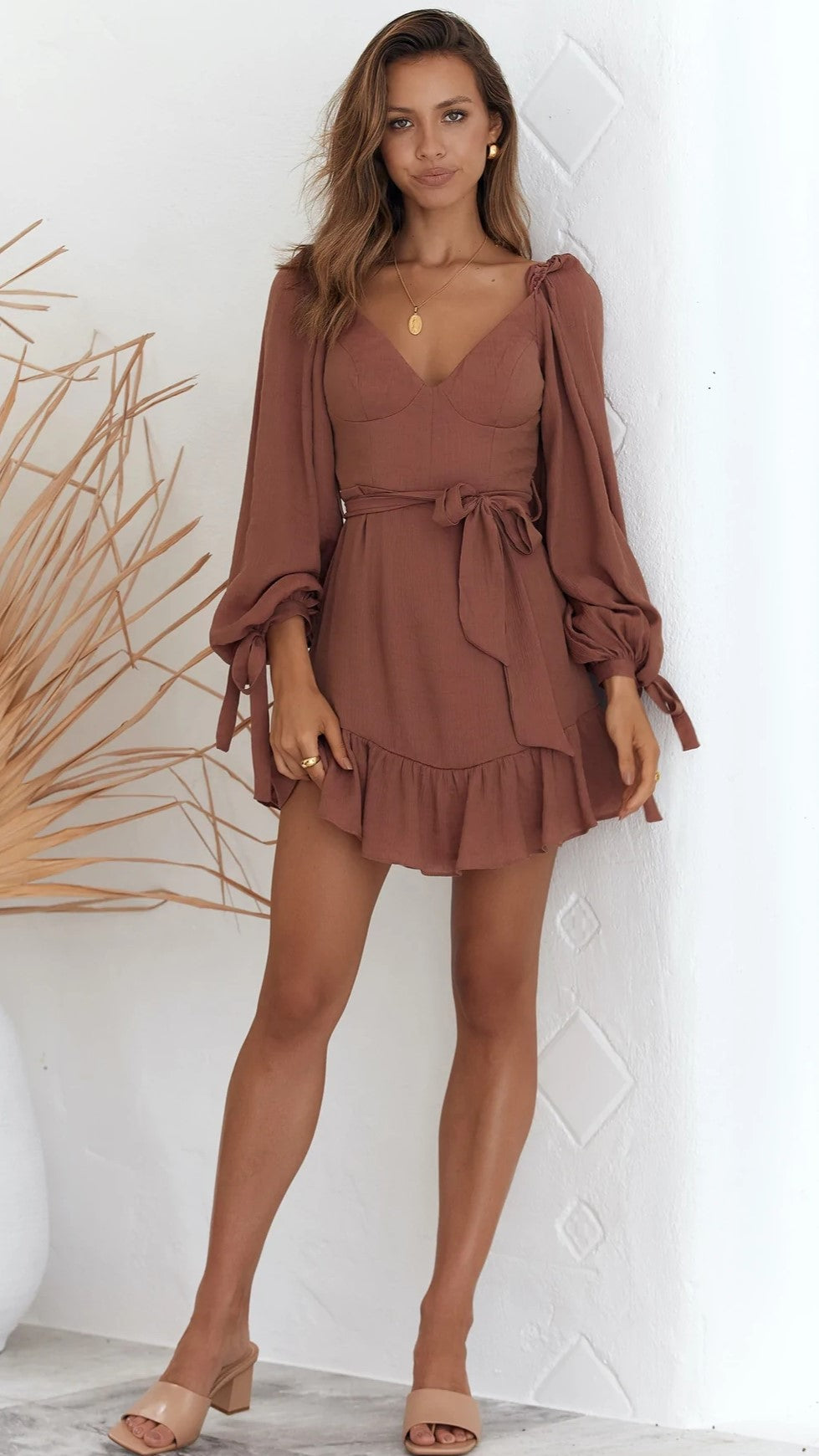 Brown Long Sleeves Mini Dress
