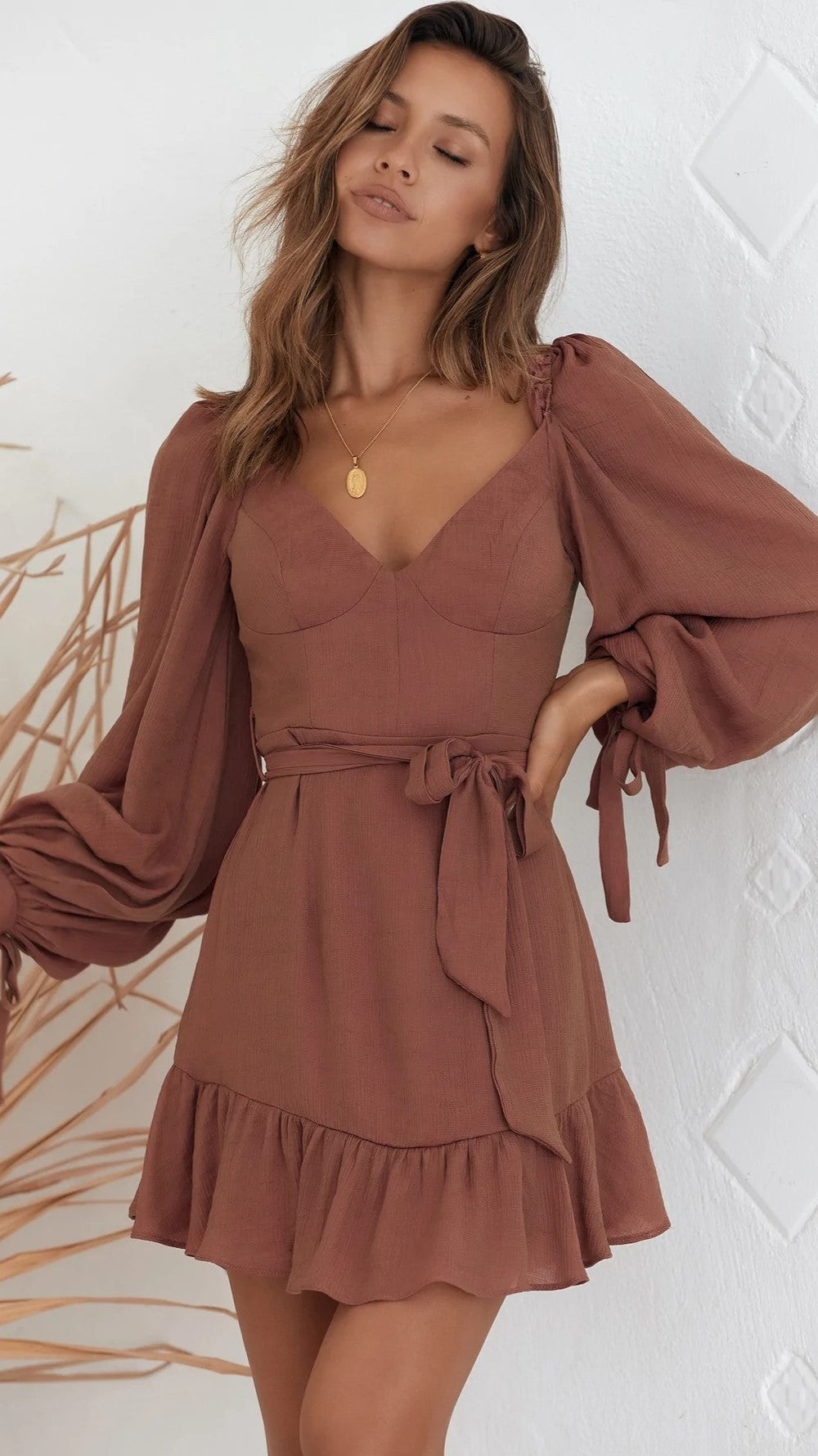 Brown Long Sleeves Mini Dress