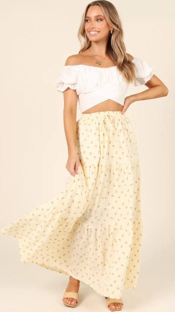 Pastel Yellow Floral Withdraw Maxi Skirts