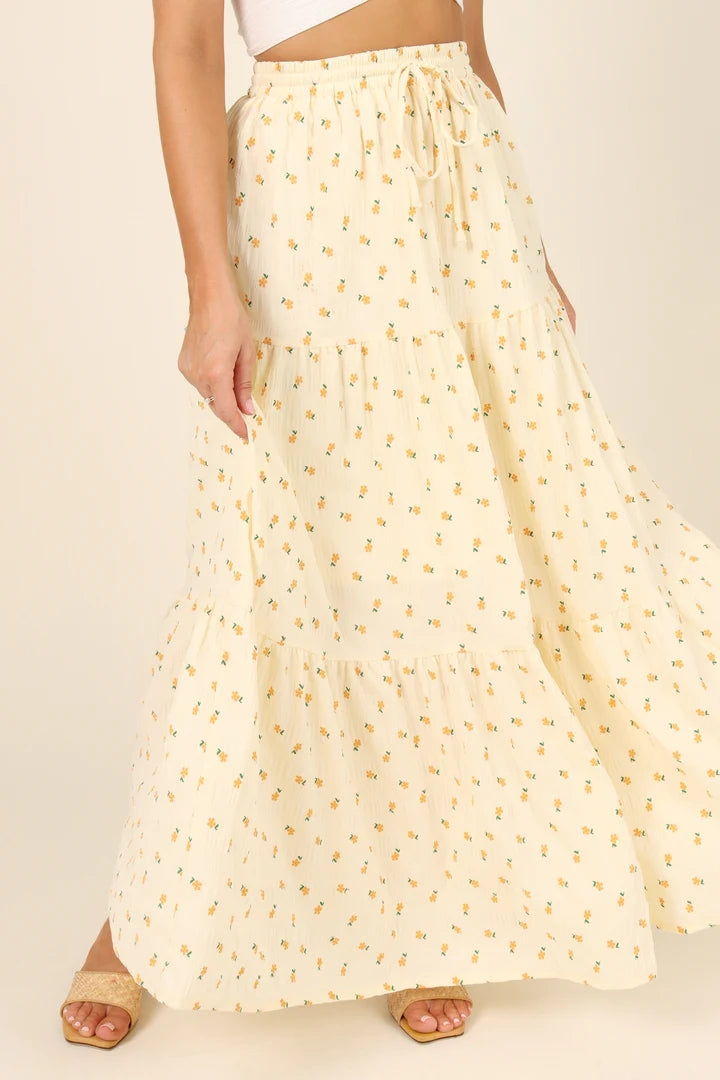 Pastel Yellow Floral Withdraw Maxi Skirts