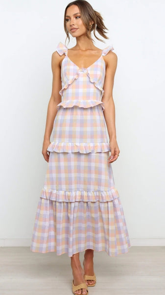 Violet Plaid Tiered Sleeveless Midi Dress