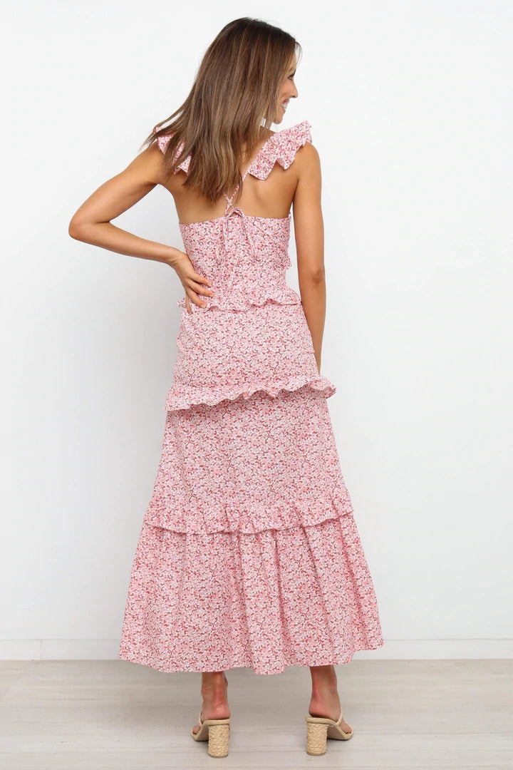Pink Floral Tiered Sleeveless Midi Dress