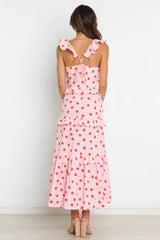 Pink Polka Dot Tiered Sleeveless Midi Dress