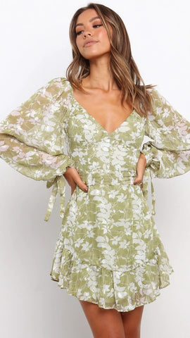 Green Floral Long Sleeves Mini Dress