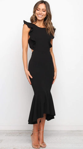 Black Cap Sleeves Bodycon Midi Dress