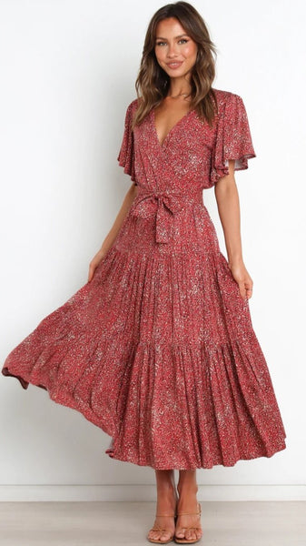 Burgundy Floral Knot Wrap Dress