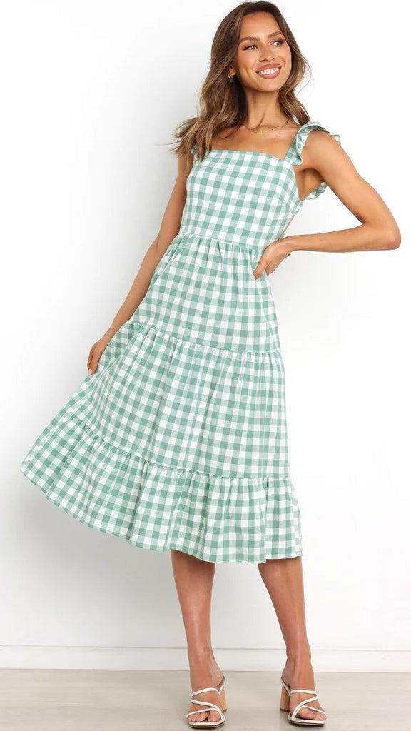 Green Gingham Print Midi Dress Gabi Swimwear Green Gingham Print Midi Dress Gabi Swimwear