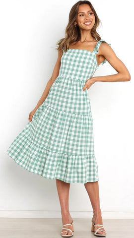 Green Gingham Print Midi Dress