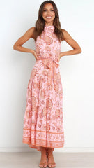 Pink Floral Waist Tie Midi Dress