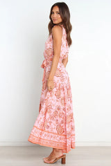 Pink Floral Waist Tie Midi Dress