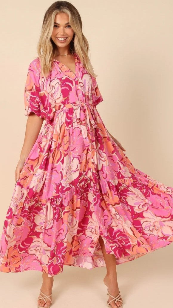 Hot Pink Floral Midi Dress