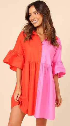 Red Color Block Shirt Dress