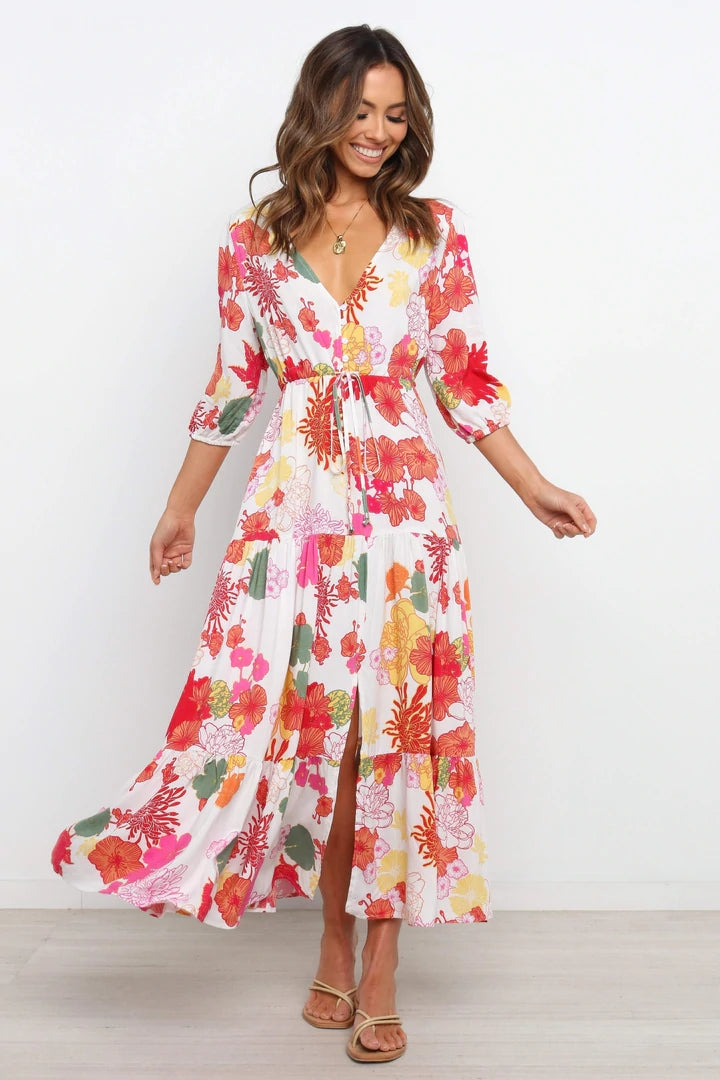 Rose Print Withdraw Midi Dress